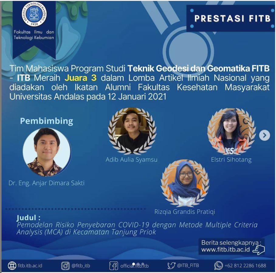 Tim dari Program Studi Teknik Geodesi dan Geomatika Institut Teknologi Bandung berhasil memperoleh juara 3 dalam Lomba Artikel Ilmiah Nasional