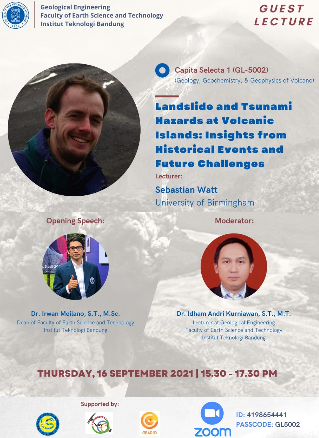 GUEST LECTURE : Lecturer: Sebastian Watt -University of Birmingham-Topic: “Landslide and Tsunami Hazards at Volcanic Islands: Insights from Historical Events and Future Challenges” 