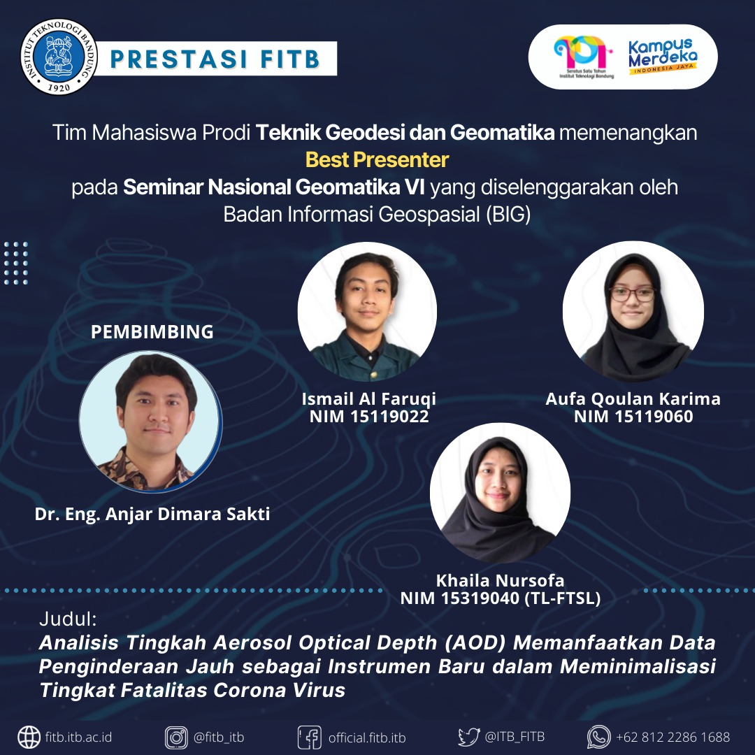 Tim Mahasiswa Prodi Teknik Geodesi dan Geomatika FITB dan Prodi Teknik Lingkungan FTSL – ITB berhasil memenangkan Best Presenter pada Seminar Nasional Geomatika VI yang diselenggarakan oleh Badan Informasi Geospasial (BIG)