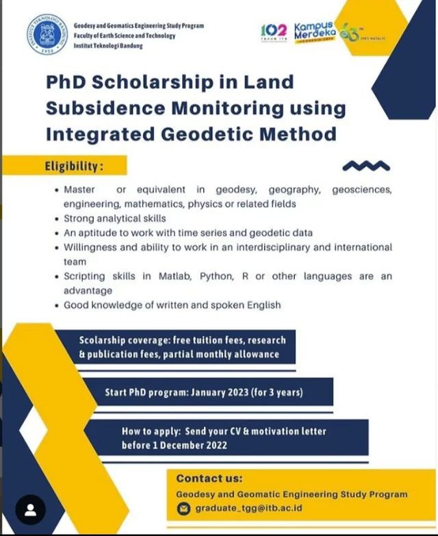 phd scholorship in land subsidence monitoring using integrated geodetic method