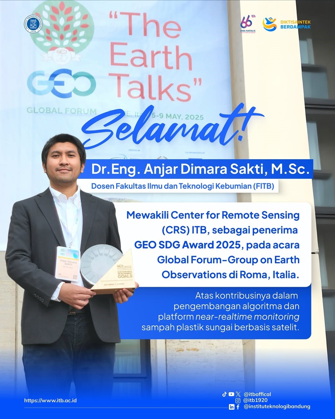 Selamat kepada dosen muda ITB, Dr.Eng. Anjar Dimara Sakti mewakili Center for Remote Sensing ITB